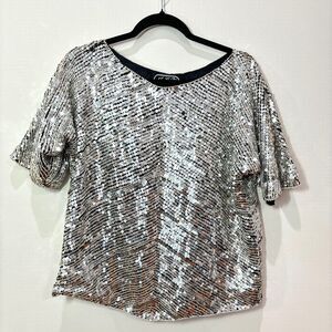 Vintage 100% Silk Silver Sequin Top size Large Art Deco Gatsby 1920s Disco Party